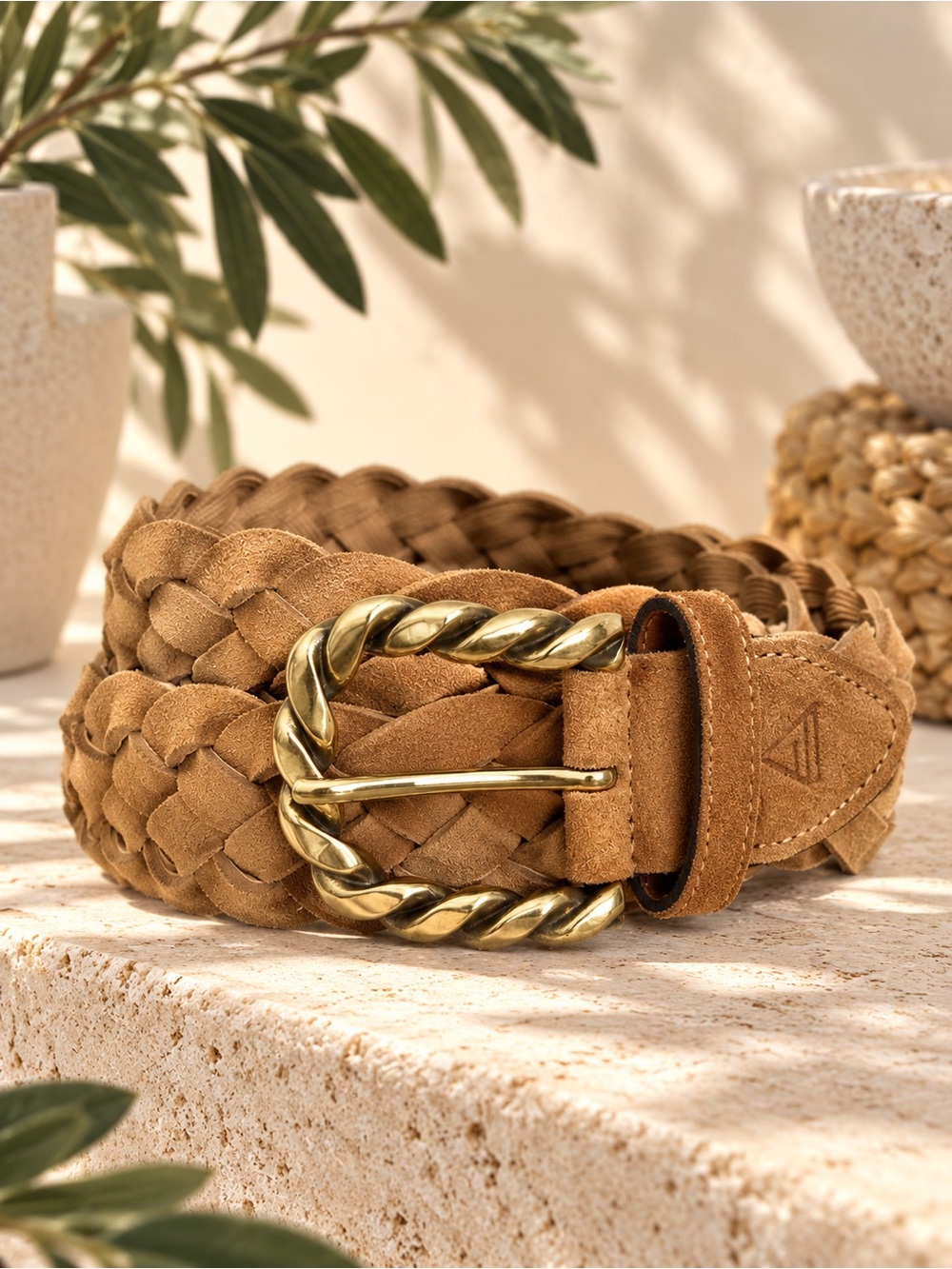 Alero Sport Milano Camel Woven Italian Suede Brass Buckle Belt XS/S Equestrian